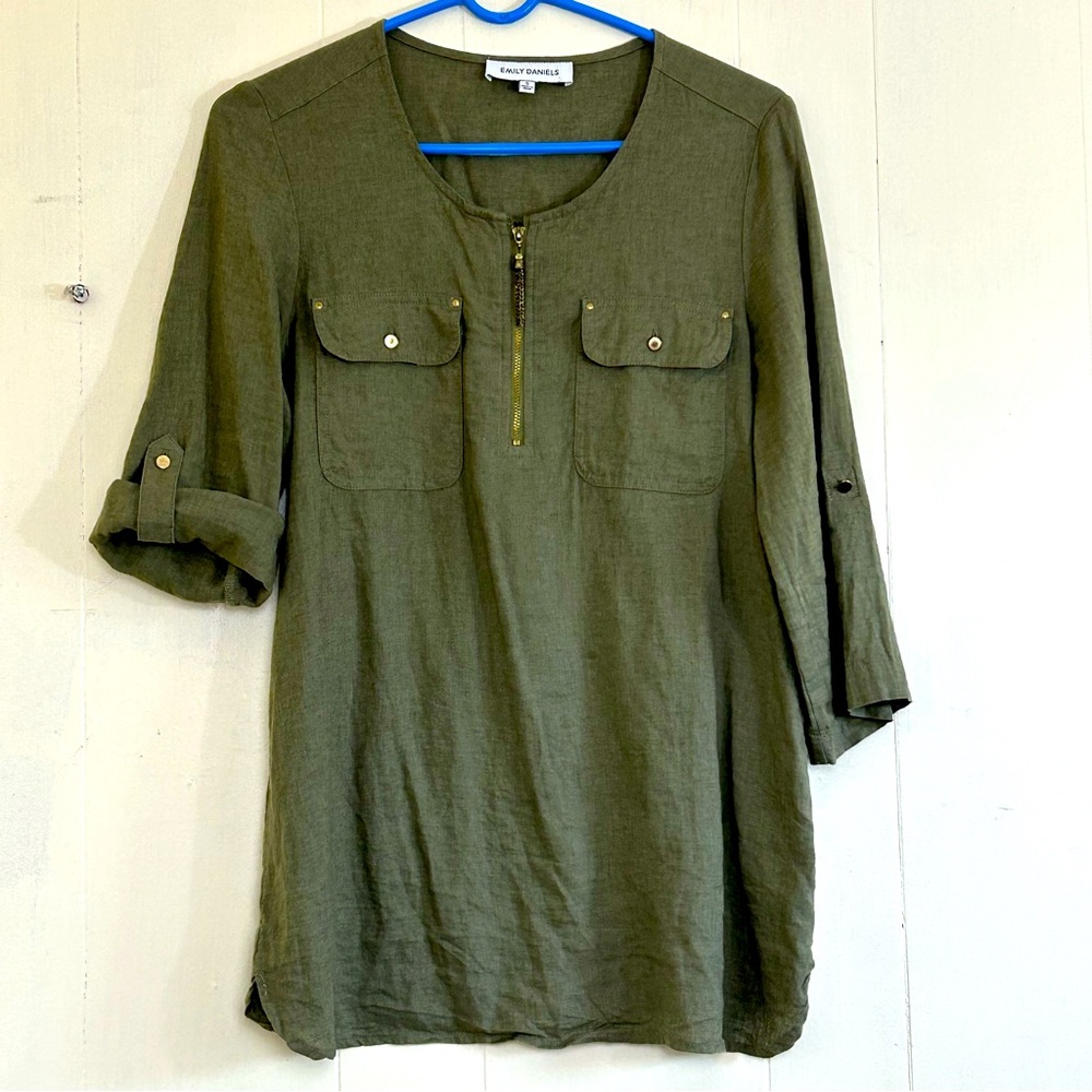 Emily Daniels Green Olive Linen/Rayon Roll Up Sleeves Tunic Top Size Small.